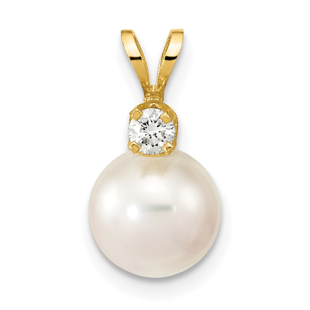 14k 8-9mm Round White Saltwater Akoya Cultured Pearl Diamond Pendant